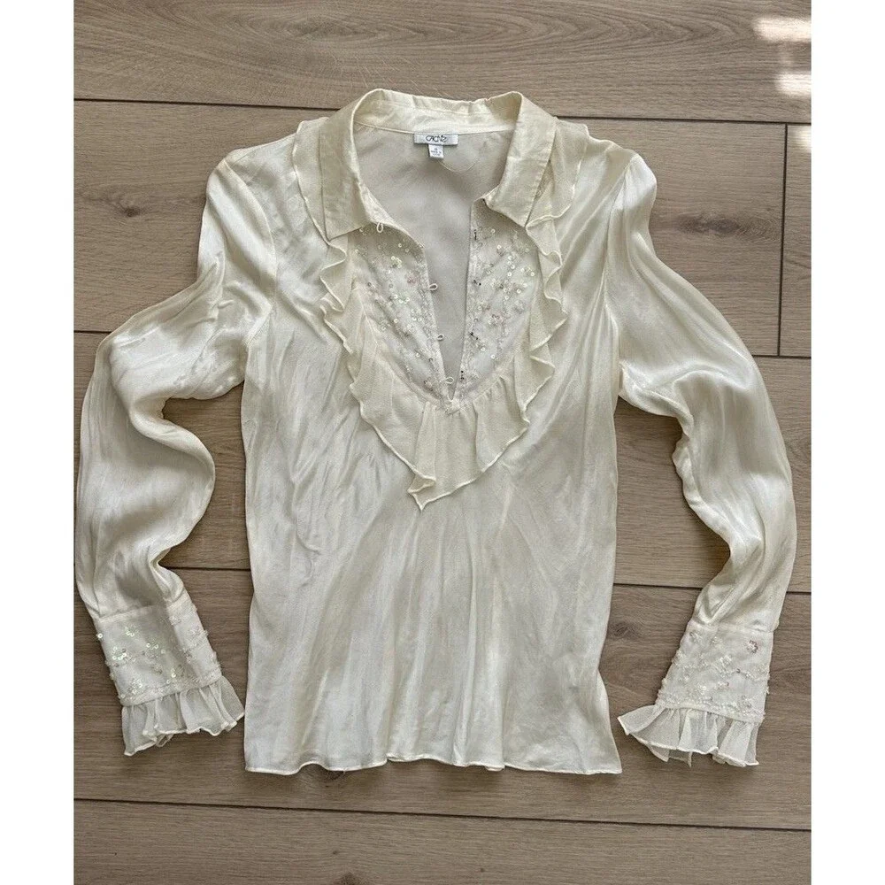 Cache Vintage Silk Sequin Blouse Women’s Size 10 Ivory Cream Elegant Top